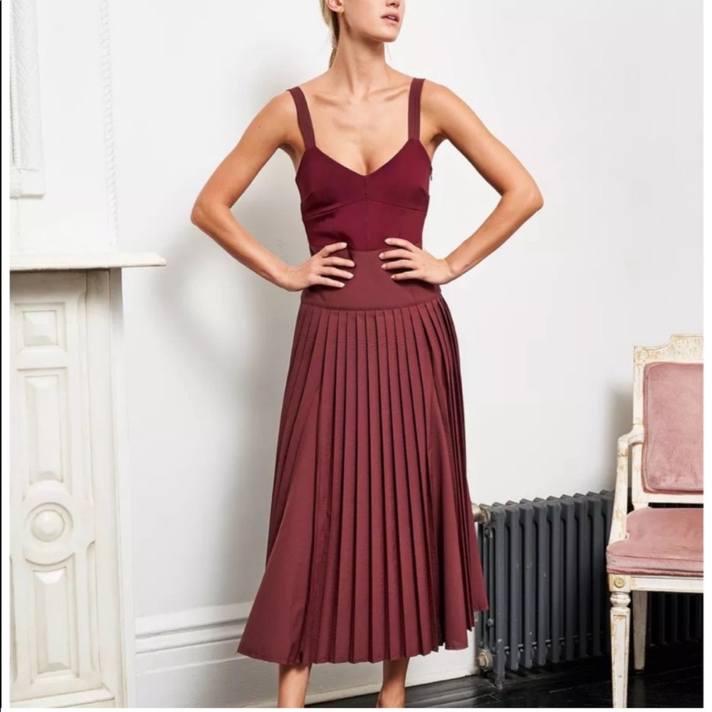 La Ligne Burgundy Pleated Zelda Midi Dress